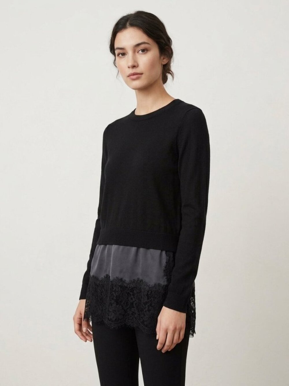 Club Monaco Maraie Lace Hem Sweater Tunic | Black Merino Wool | Size M